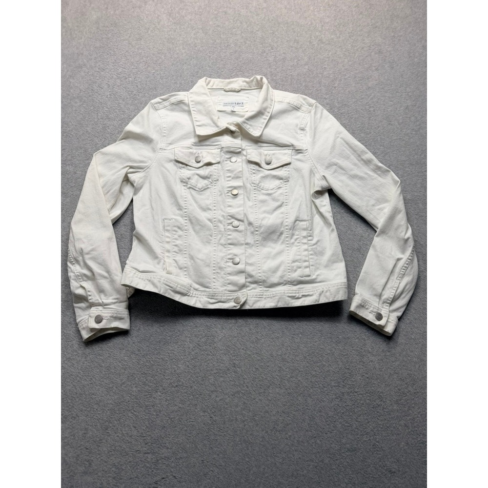 LOFT White Denim Jacket Womens Large Cotton Blend Trucker Jean Jacket 468394